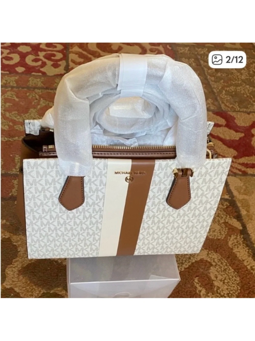 NWT Michael Kors Marilyn Vanilla/Luggage Satchel Crossbody Design MSRP $298